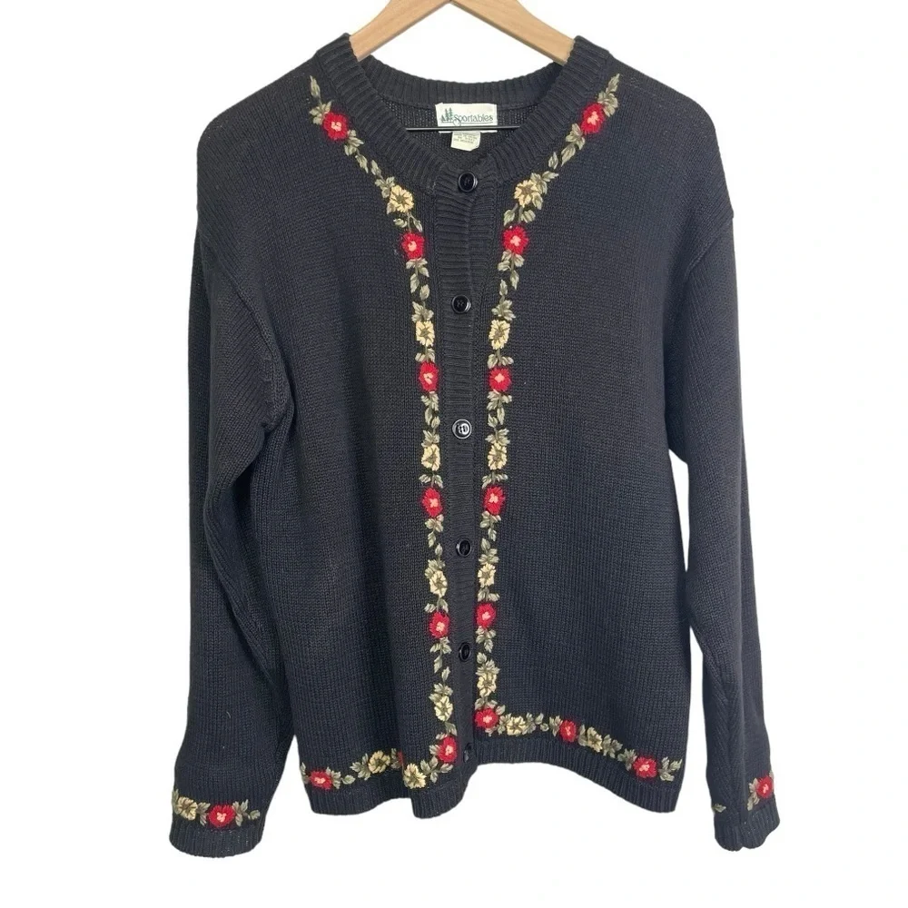 Vintage Sportables Women’s Floral Embroidered Button Front Cardigan - Picture 1 of 4